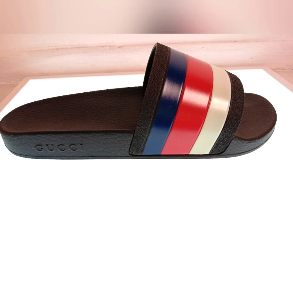 New Gucci 💯Authentic WEB RUBBER Slides IN BLACK Blue / Red & White Sandals